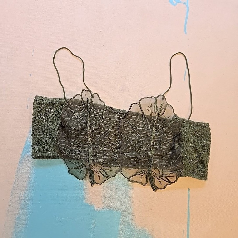 Romwe Kids L Bralette Green Mesh Floral Embroidered Sheer Mori Kei Y2K Festival